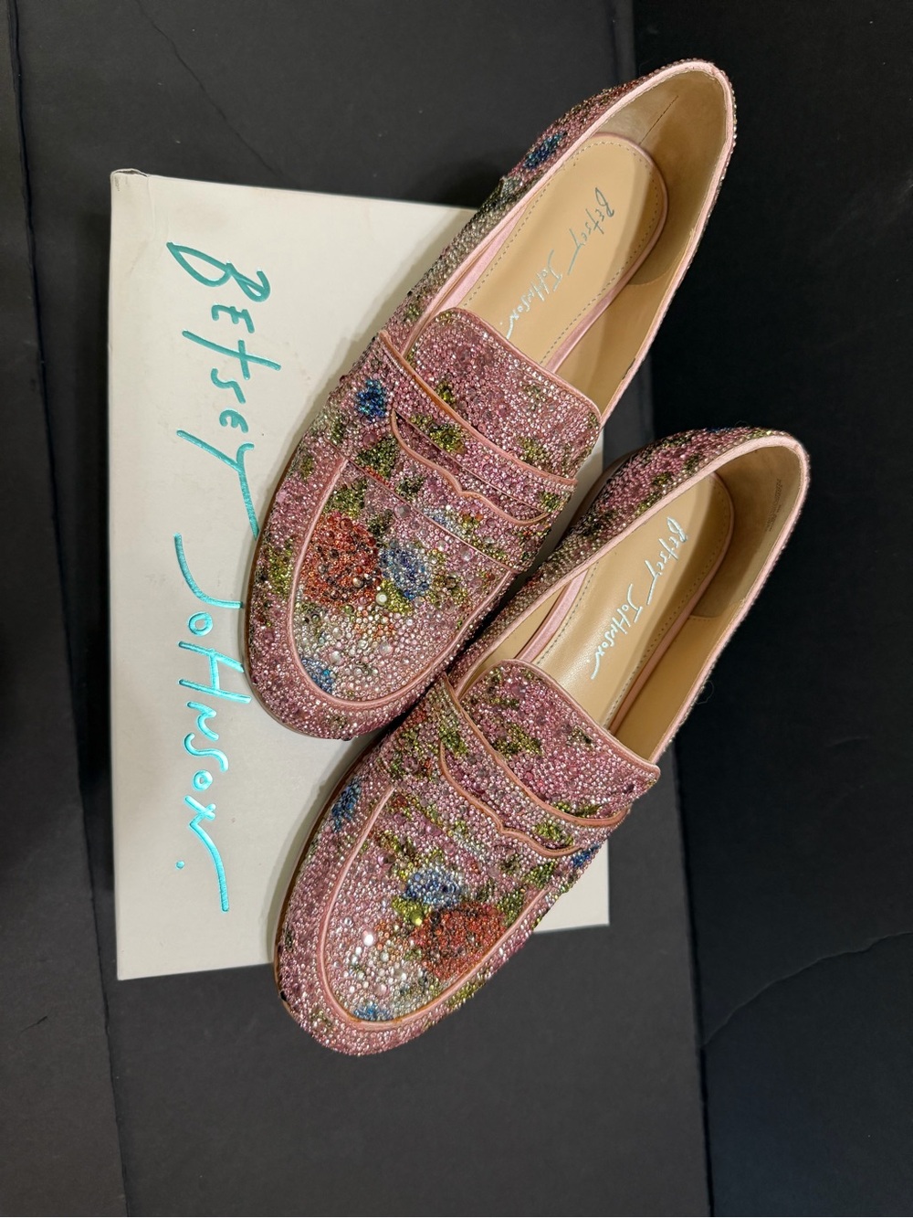 Betsey Johnson Pink Multicolor Crystal Floral Loafers